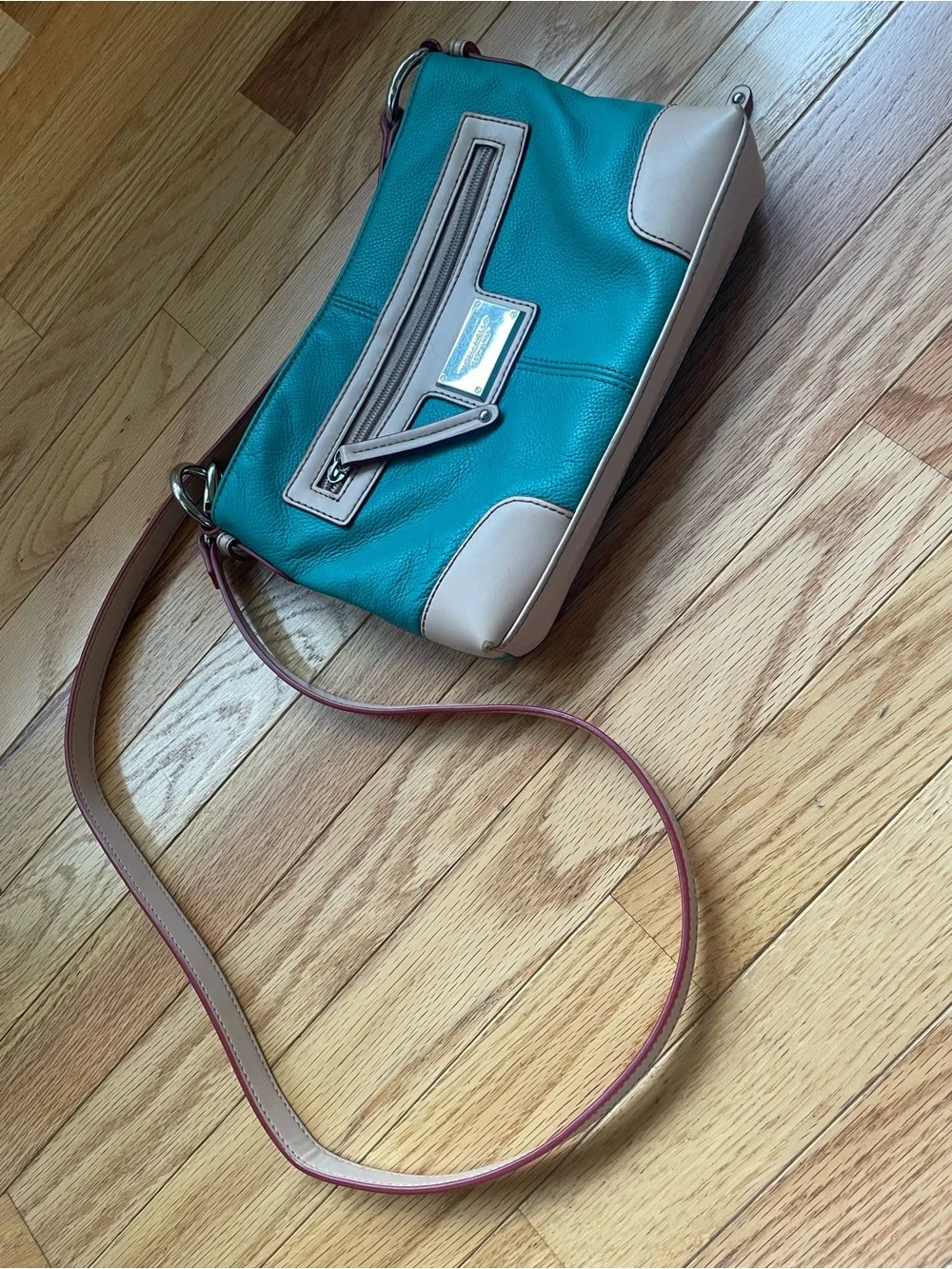 Tignanello Teal and Beige Leather Crossbody Bag